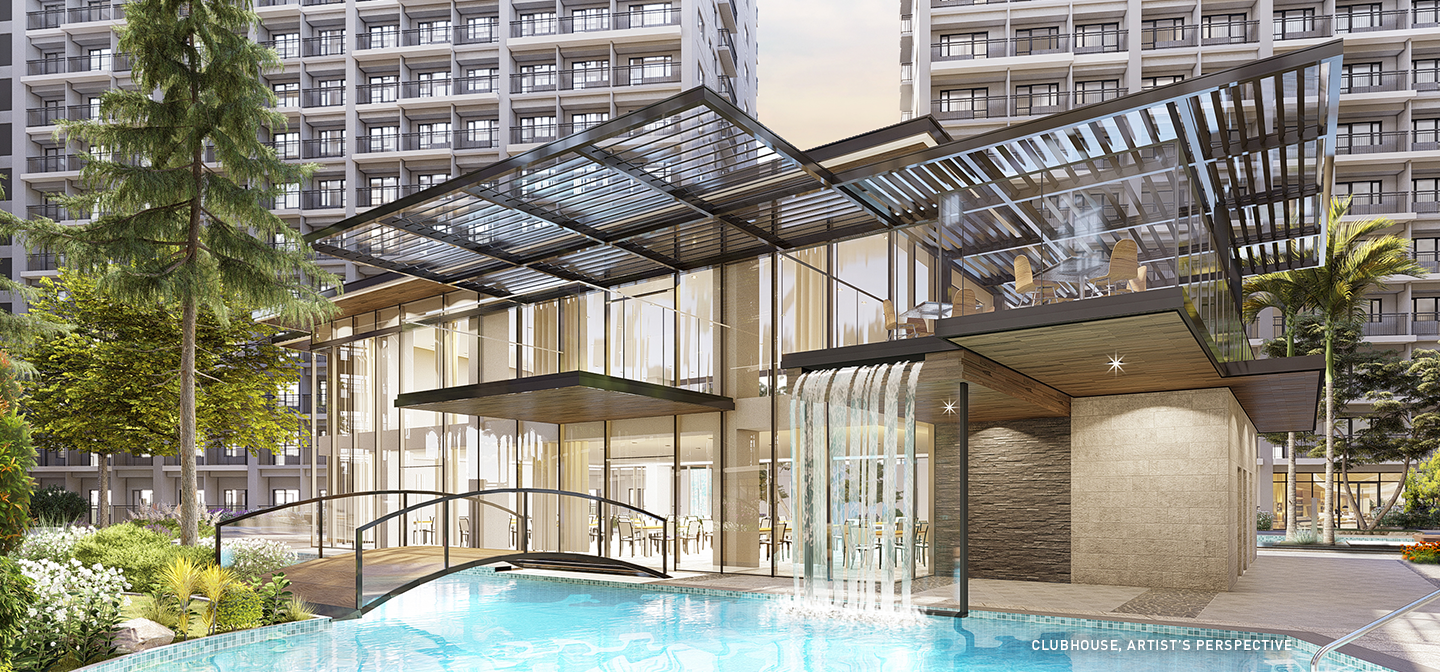 pool by a glasshouse by buildings